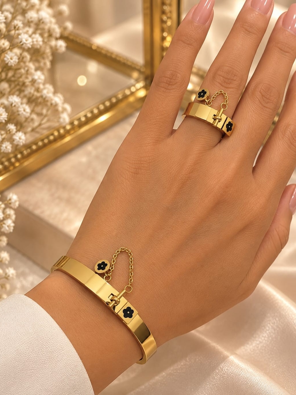 Gold Floral Lock Bracelet and Ring Set - Women Jewelry